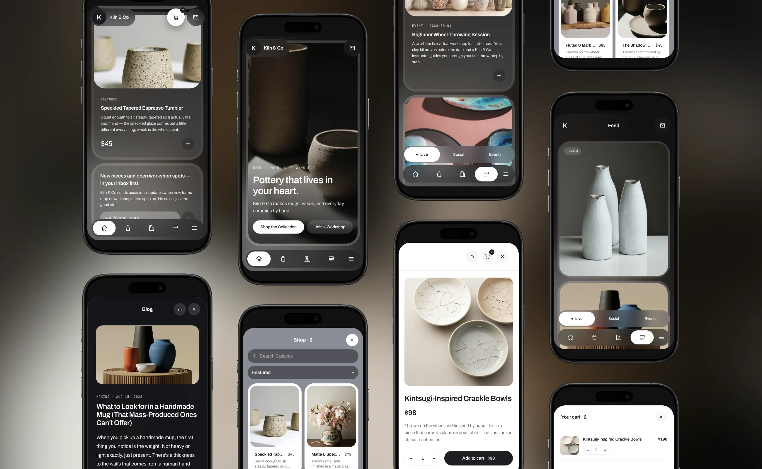 A Fraya-built storefront on phones: home, shop, product, blog, feed, and cart views